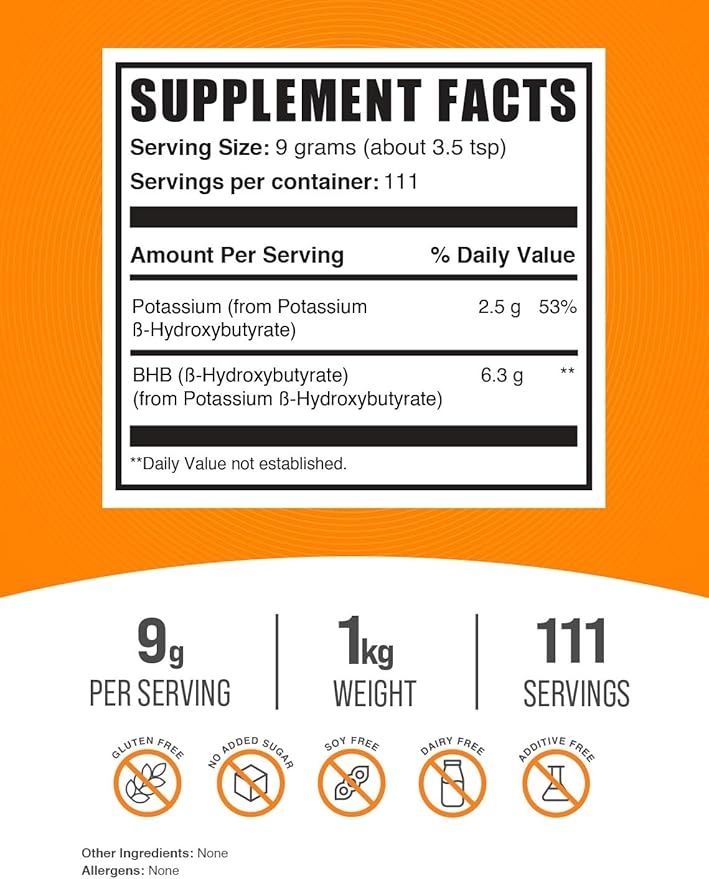 BulkSupplements.com Potassium BHB Powder - Beta-HydroxyButyrate Powder, BHB Supplement - Unflavored & Gluten Free, 9g per Serving, 1kg (2.2 lbs) (Pack of 1)