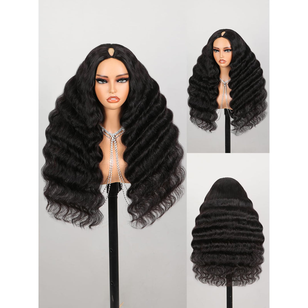Megalook V Part Wig Human Hair 12A Loose Deep Wave Curly Wig Human Hair Glueless U Part Wig With Clip 210% Density Half Wigs For