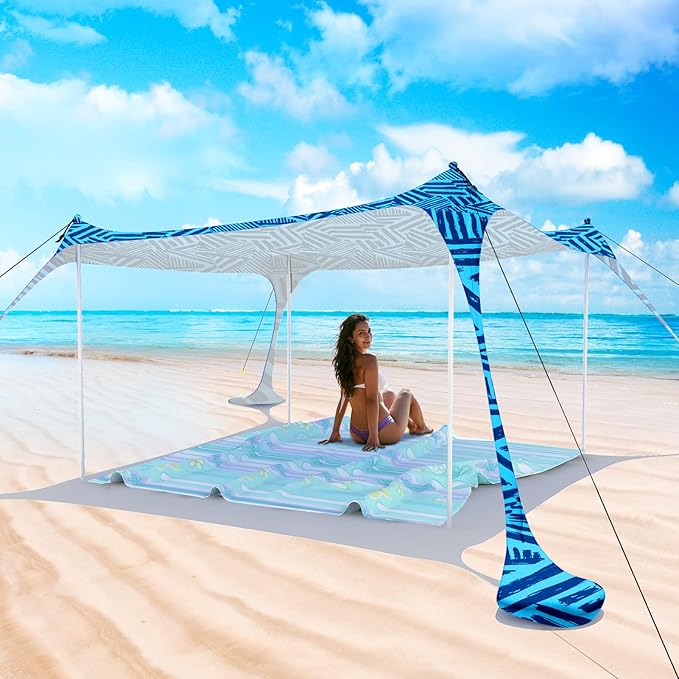 Beach Tent Pop Up Sun Shade Canopy Sun Shelter UPF50+ with 4 Stability Poles/Carry Bag/Ground Pegs/Sand Shovel/Windproof Ropes Portable Outdoor Family Sunshade for Beach Camping Fishing Picnic