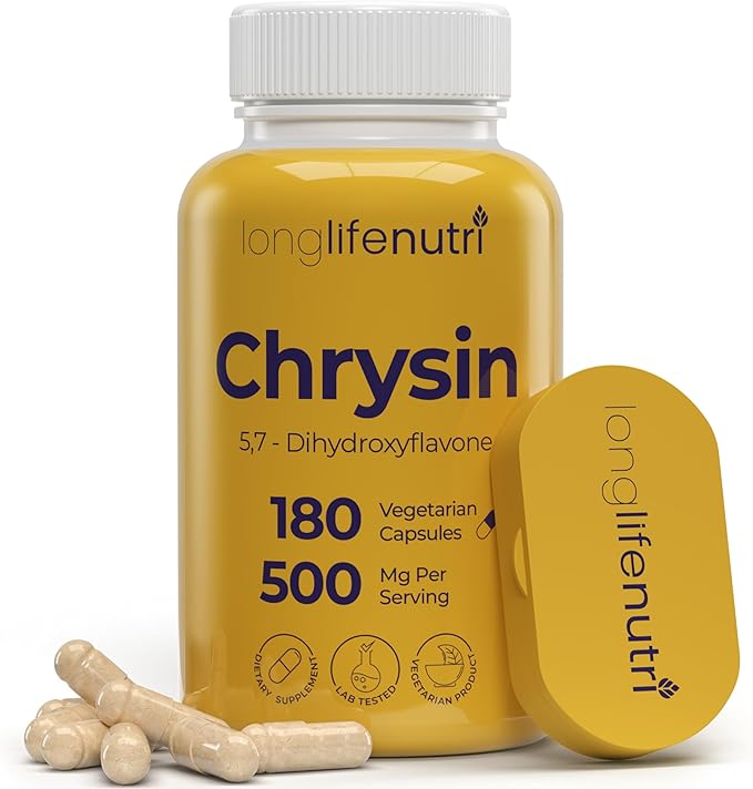 Chrysin 500mg – 180 Vegetarian Capsules, from Passion Flower, 5, 7-Dihydroxyflavone, Natural Antioxidant for Overall Wellness, 6-Month Supply, GMP Certified, Made in USA