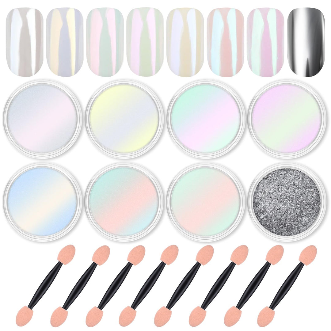Artdone 8 Jars Chrome Nail Powder Magic White Pearl Kit Mirror Effect Silver Metallic Holographic Dip Nail Powder For Resin Craft & Nail Art Fimo, Decoration Iridescent Aurora Mermaid Pigment