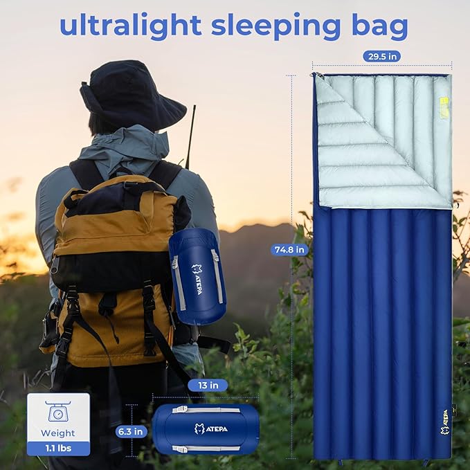 ATEPA Down Sleeping Bag for Adults, 650FP Ultralight 3 Season Compact Packable Sleeping Bag with Compression Sack for Camping Backpacking Hiking