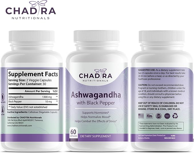 Ashwagandha Supplements - Contains Organic Ashwagandha & Black Pepper for Stress Management, Cognitive Supplement & Mood Support Supplement - Non-GMO, Gluten Free - 60 Capsules