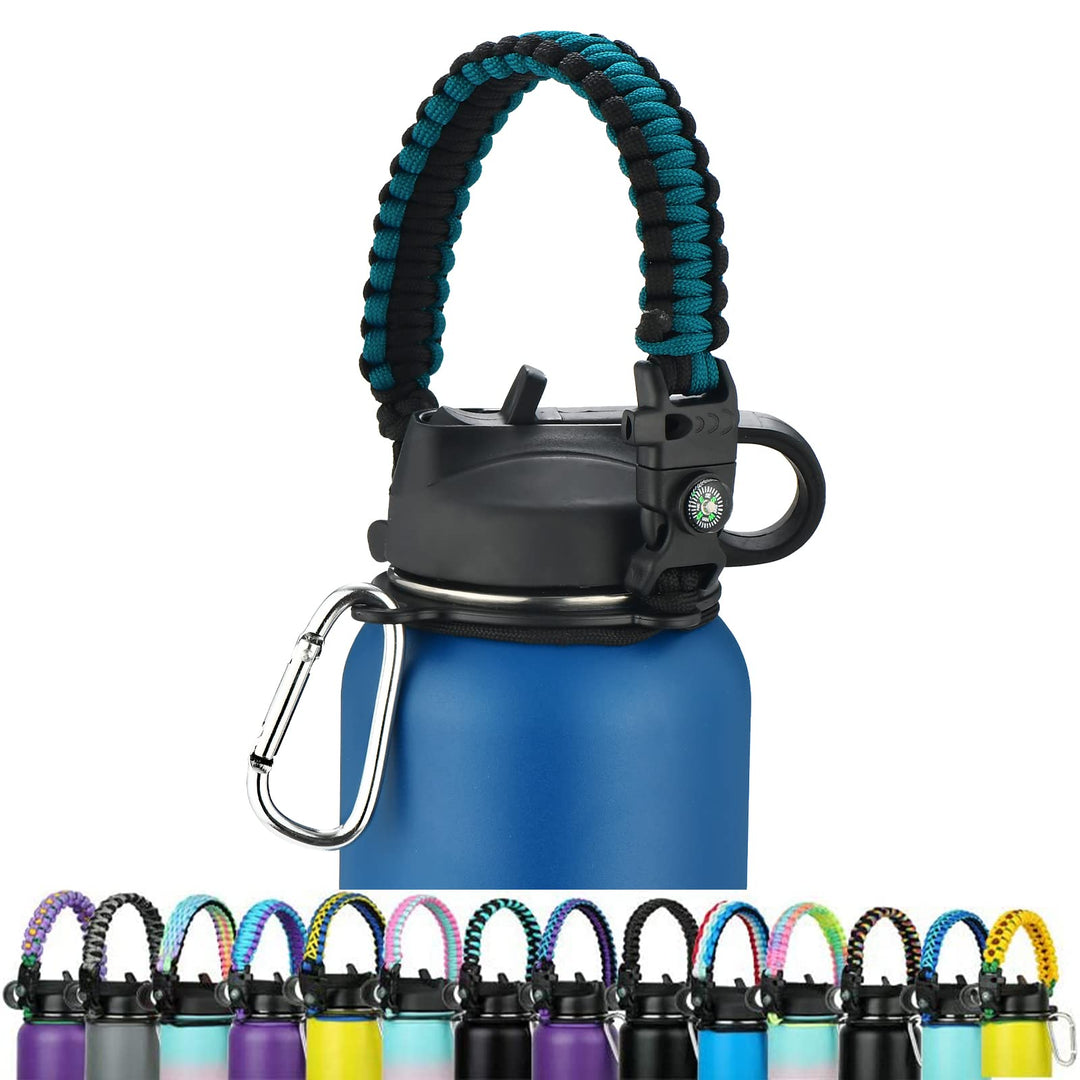 WEREWOLVES Paracord Handle - Fits Wide Mouth Bottles 12oz to 64oz - Durable Carrier, Paracord Carrier Strap Cord with Safety Ring,Compass and Carabiner - Ideal Water Bottle Handle Strap (Mint/Black)