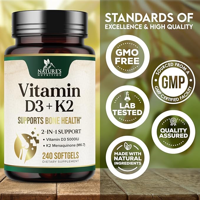 Vitamin D3 K2, 5000 IU Vitamin D3 & 100 mcg Vitamin K2 MK-7 Supplement Supports Immune Health, Bone, Heart & Calcium Absorption - Extra Virgin Olive Oil Softgel, Vitamins D & K Complex - 240 Softgels