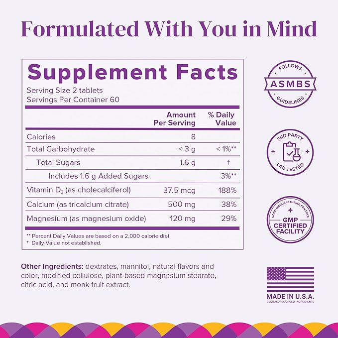 Barimelts Calcium Citrate with Vitamin D3 & Magnesium, 120 Smooth-Dissolving Tablets (1-Month Supply), Bariatric Calcium Supplements for Women, Natural Berry Flavor