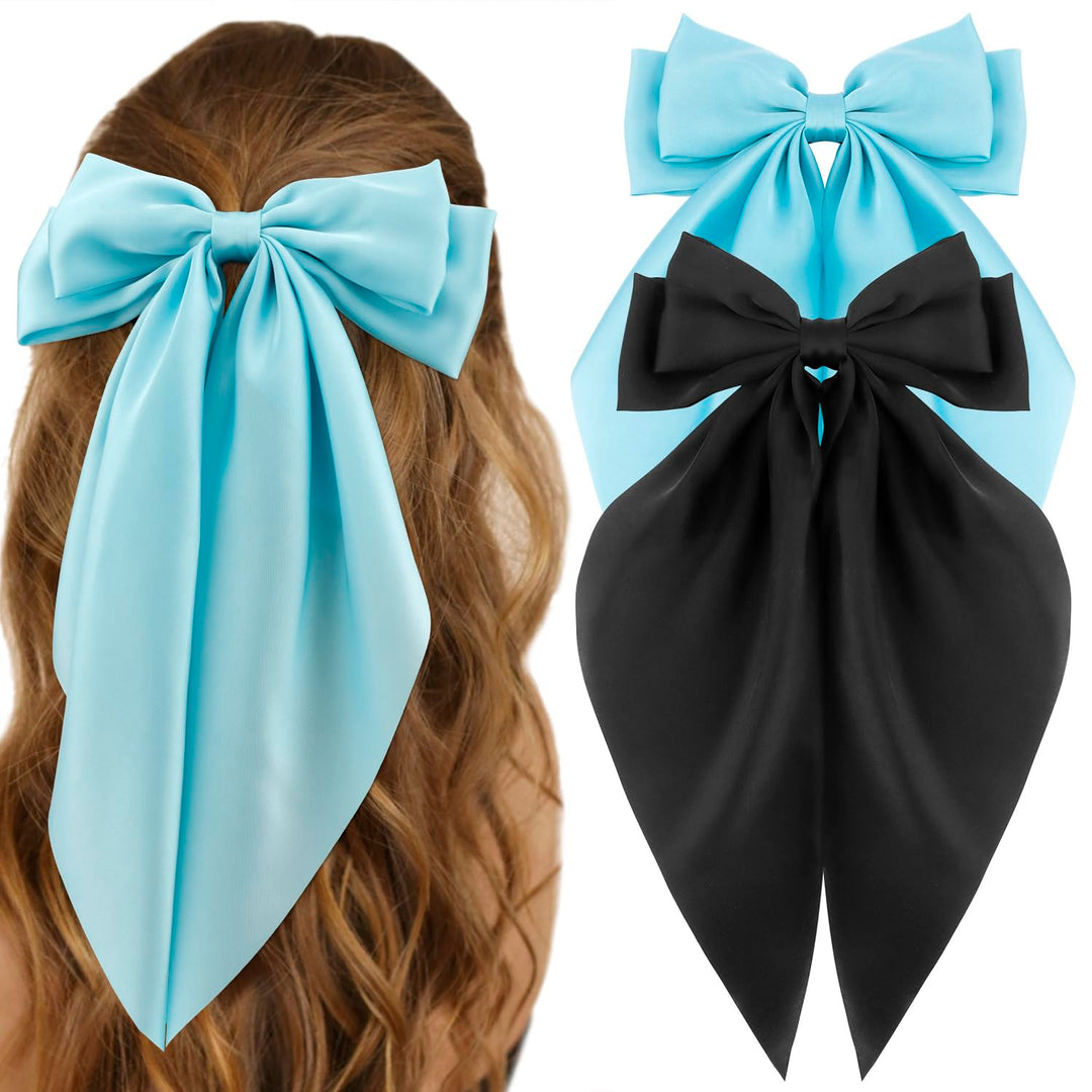 Atoden Silky Satin Oversized Bowknot Hair Accessories - Large Metal Clips, 2Pcs Big Black And Blue Barrettes With Long Tail For