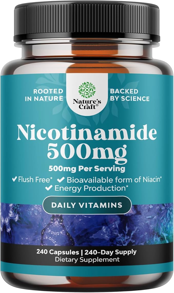 Vitamin B3 Niacinamide 500mg Capsules - Mitochondrial Energy and Potent Skin Supplement - AKA Vitamin B3 Niacin 500mg Flush Free and Nicotinamide 500mg - Flush Free Niacin Supplement - 240 Count
