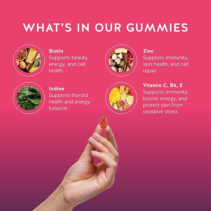 Biotin Gummies for Hair, Skin & Nails. 5,000 mcg High Potency Vegan Vitamins for Faster Hair Growth, Stronger Nails & Healthy Skin. with Vitamins C & E, 60 Gummies