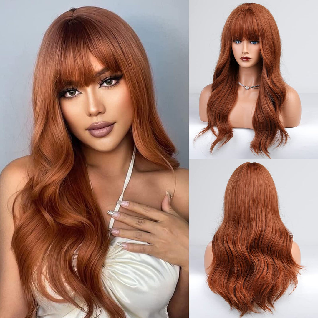 Haircube Auburn Wig With Bangs Long Curly Orange Wigs For Women,Natural Synthetic Wigs Heat Resistant Fibre Wig For Daily Use (P