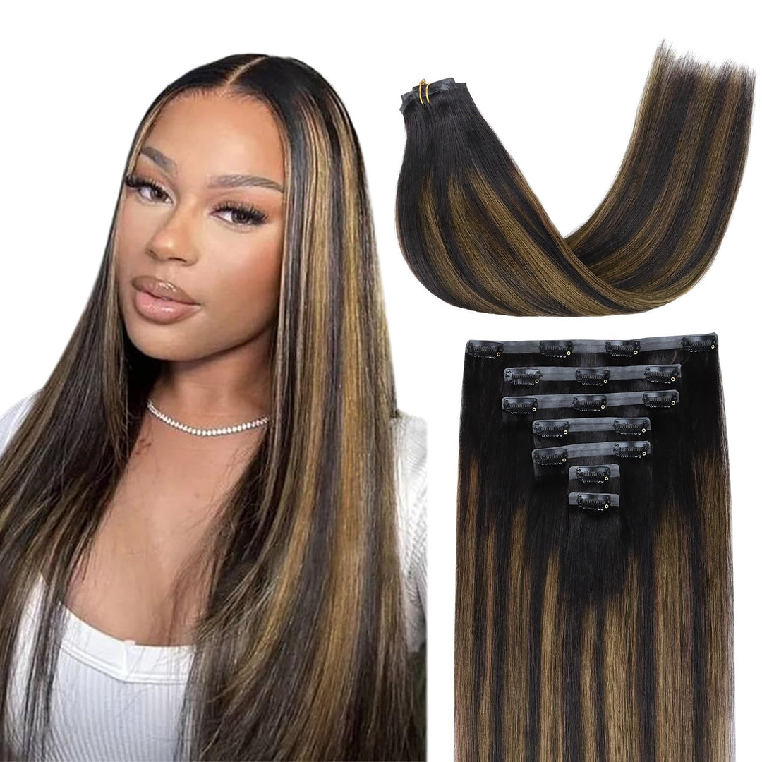 Lashey Seamless Clip In Hair Extensions Human Hair Light Yaki Clip In Hair Extensions Human Hair 14 Inch 110G 7Pcs Natural Black