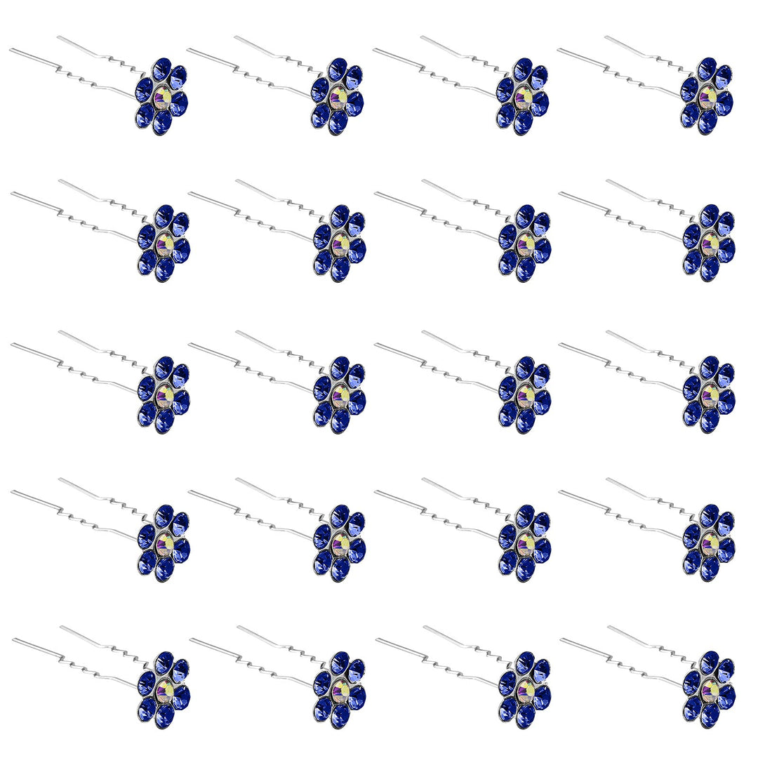 QIUTIMIY 20 Pack (Navy) Crystal Flower Hair Pins Rhinestone Hair Clips for Bridal Wedding Women Hair Jewelry Accessories, with Clear Container