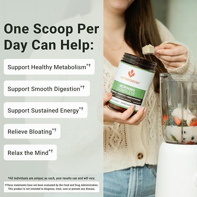 ACTIVATEDYOU Morning Complete Daily Wellness Greens Superfood Drink Mix for Gut Health w/Prebiotics, Probiotics, Antioxidants, Green Superfoods, 10 Billion CFUs, 30 Servings (Apple Cinnamon)