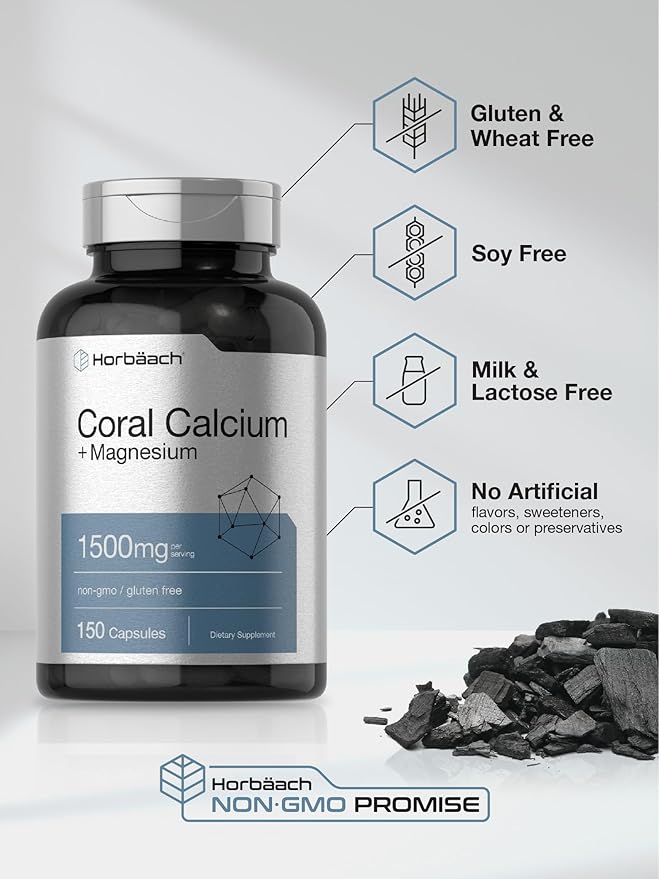 Horbäach Coral Calcium 1500mg Capsules | 150 Count | Plus Magnesium | Non-GMO & Gluten Free Supplement