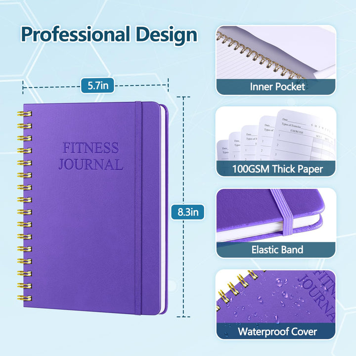 Fitness Journal-Workout Journal for Women & Men, Hard Cover Leather Fitness Planner, Workout Log Book With Gym Goals, Calendar, Progress Tracker, A5-5.7" x 8.3" - Purple