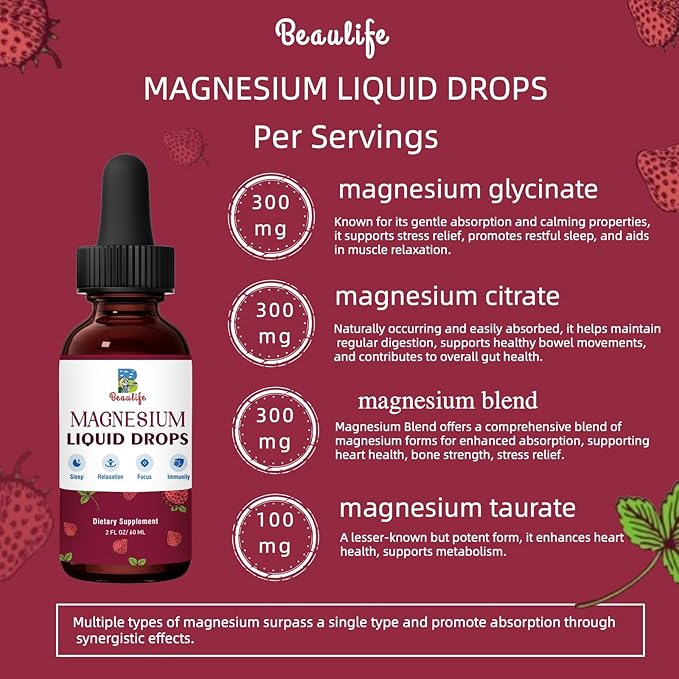 Magnesium Liquid Drop, 1000mg Magnesium Supplement，with Magnesium Glycinate & Citrate, Strawberry Flavor, Calm Mood, Sleep ，Relaxation, Immune, Heart for Adults and Kids