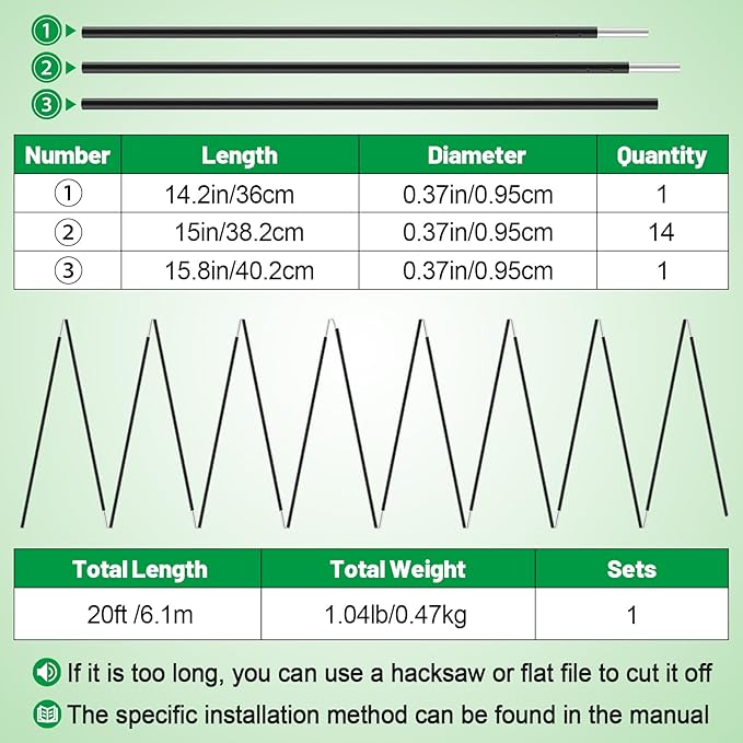 Aluminum Tent Poles Replacement - Pre-Assembled Tent Poles, Fits Both Female and Male Ends - Lightweight Tent Pole Repair Kit for Hiking Camping Backpacking Tent, 20FT