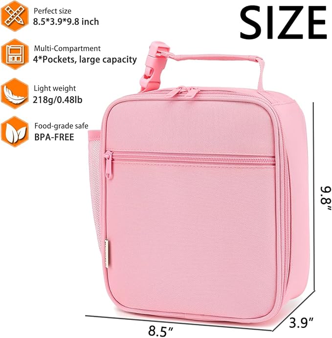 Lunch Box for Kids Boys Girls Men Women, Insulated Small Soft Cooler Lunch Bag Kit for School Work Picnic Travel - Reusable Portable lunchbox, Pink