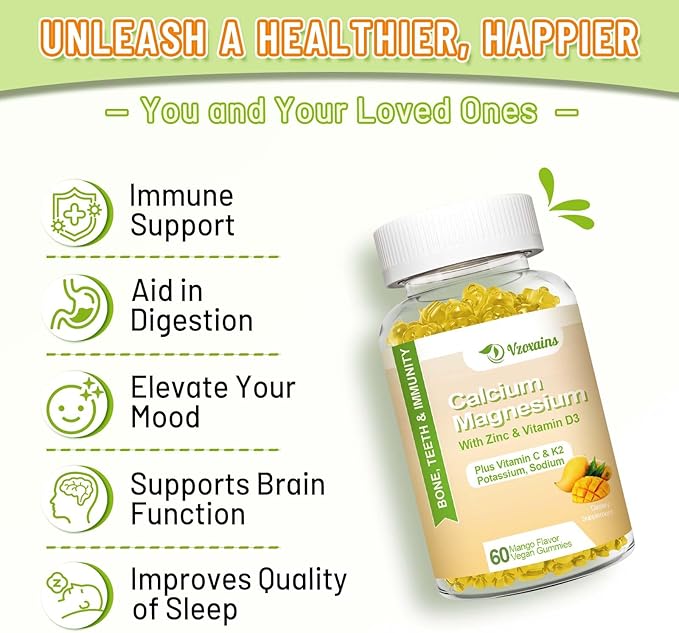 High Absorption Calcium Gummies, Calcium Magnesium Zinc with Magnesium Glycinate, Potassium, Vitamin D3 for Women & Men- Mango Flavor 120 Cts