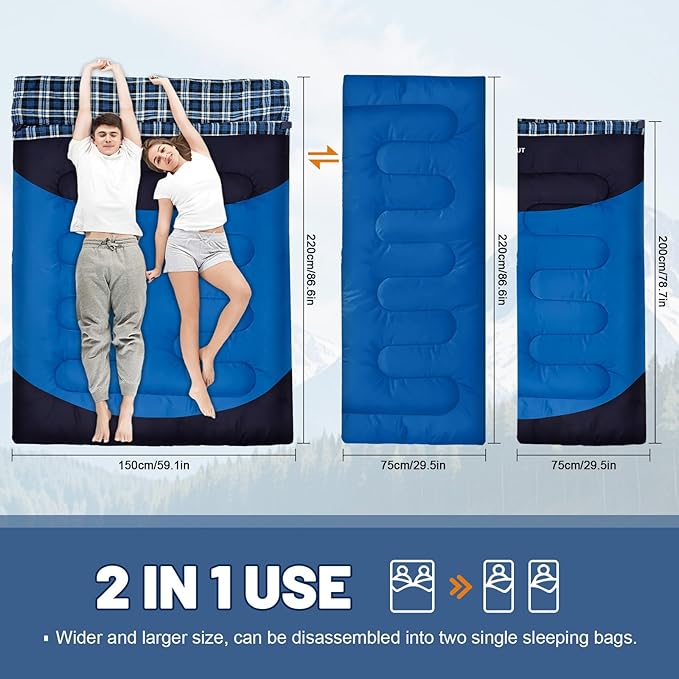 Cotton Flannel Double Sleeping Bag for Adults Machine Washable 2 Person Camping Sleeping Bag Queen Size Waterproof with Compression Sack for Cold Weather 3-4 Seasons