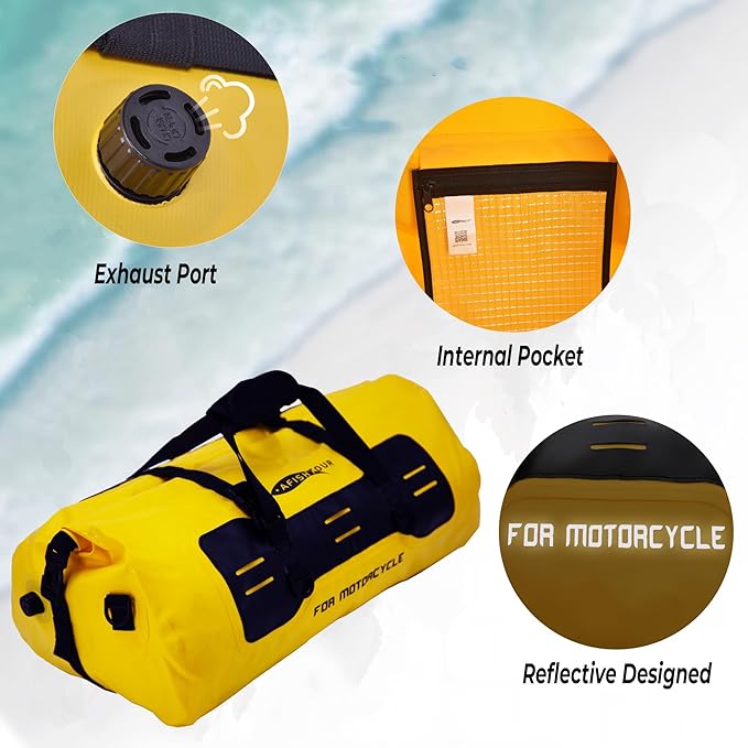 40L Waterproof Motorcycle Duffel Bag - Motorcycle Luggage Tail Bag with Straps for Back Seat - Roll Top Dry Bag for Kayaking, Rafting, Boating, Camping, Travel, Beach (Yellow)