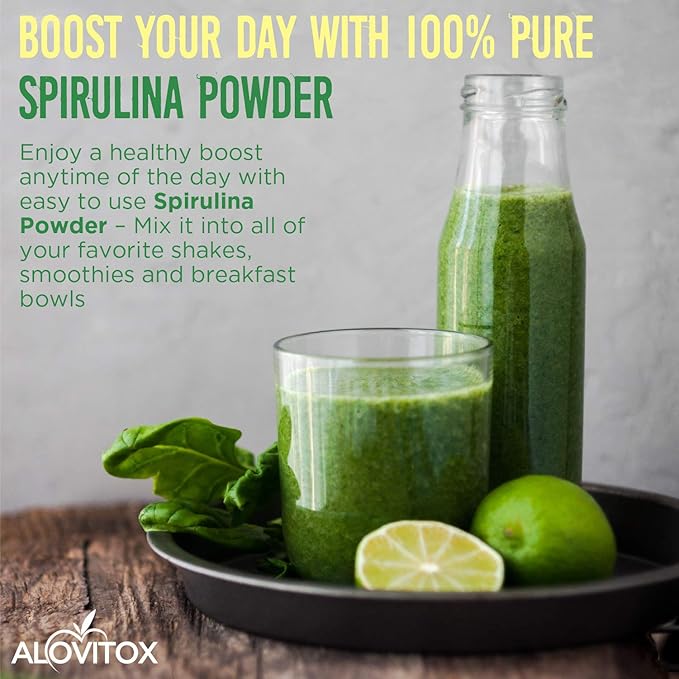 Alovitox Organic Spirulina Powder | Nutrient Dense Superfood with Antioxidants, Proteins, Vitamin A and B, Fiber, Omegas 3, 6 & 9-100% Organic, No Additives/Colors, Gluten Free, Vegan, Non-GMO (1 lb)