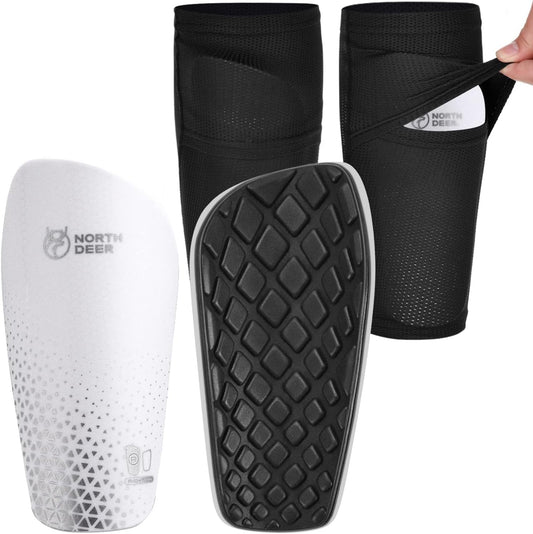 Kids Soccer Shin Guards for Men incl. Sleeves with Optimized Insert Pocket - Protective Soccer Equipment for Boys Girls Adults (White S)