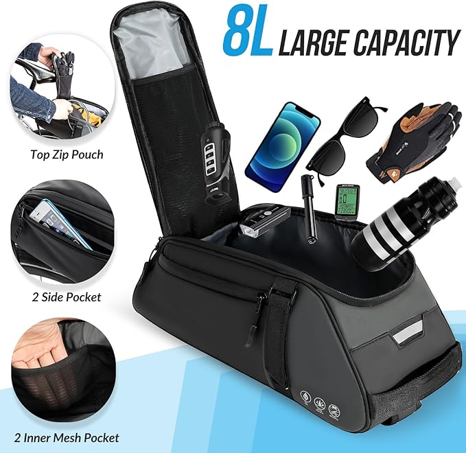 WOTOW Reflective Rear Rack Bag, Water Resistant Bike Saddle Bag Panniers for Bicycles, 8L Trunk Storage Bag, Cycling Back Seat Cargo Carrier Pouch With Shoulder Strap (With Rain Cover)