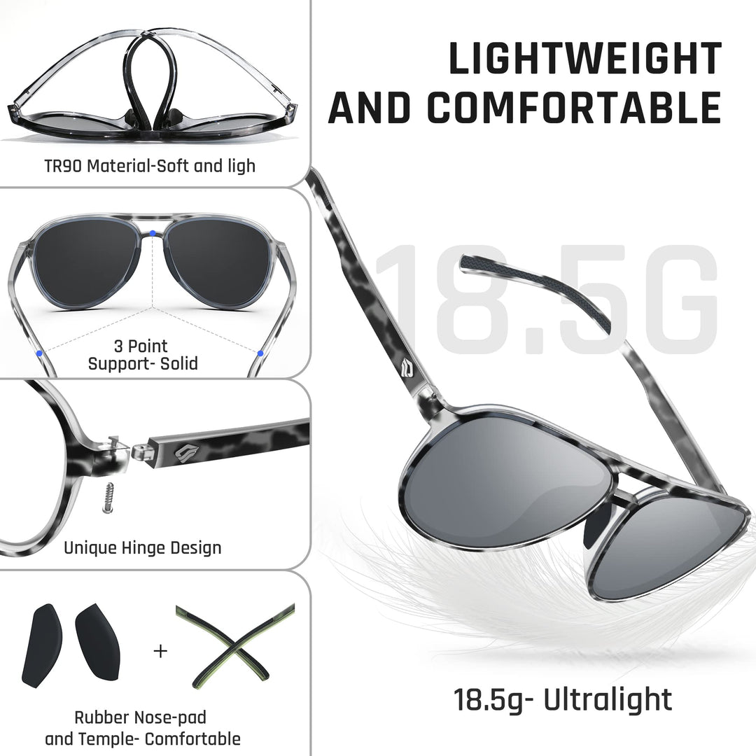 TOREGE Aviator Sunglasses Polarized Sunglasses for Men Women Sports Glasses Fishing Boating Beach Golf Driving TR75(Bright Tiger Shark&Black&Gray Silver Lens C7)