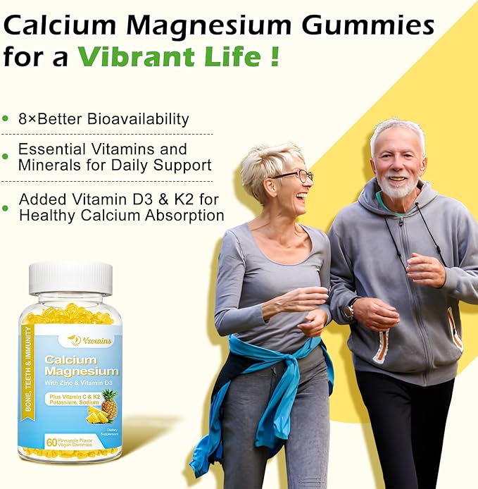 High Absorption Calcium Gummies, Sugar Free Calcium Magnesium Gummies with Vitamin D3 for Men and Women, Pineapple Flavor 60 Cts