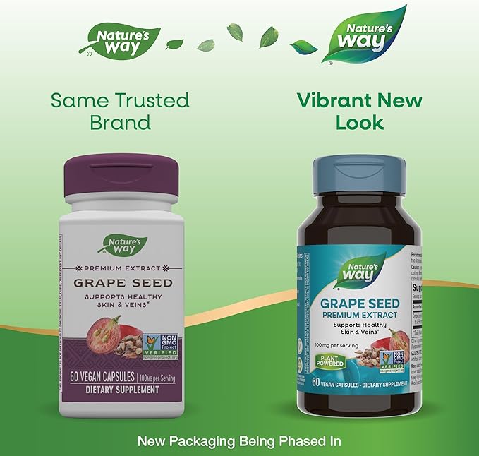 Nature's Way Grape Seed Premium Extract, Supports Healthy Skin and Veins*, Antioxidant Support*, Non-GMO Project Verified, 60 Vegan Capsules (Packaging May Vary)