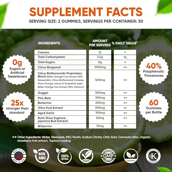 2900mg Citrus Bergamot Blend 25:1 Extract Gummies (Italy Sourced & Manufactured in USA) for Immune System Support & Healthy Aging with Guggul, Pine Bark & More | Sugar-Free, 60 ct.