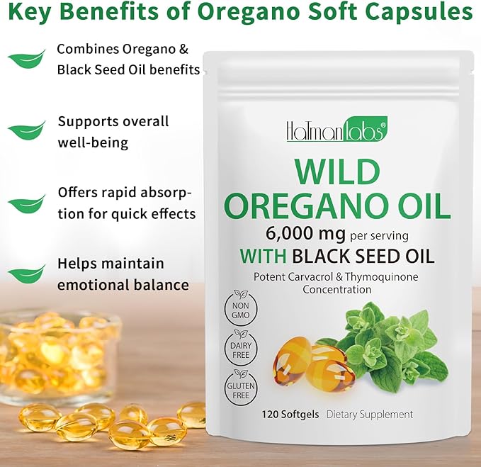 2 Pack Oil of Oregano Softgels, Oregano Oil Capsules, 165mg Carvacrol, 2 in 1 6000mg Oil of Oregano with Black Seed Oil 200mg, Oregano Oil Supplement Capsules