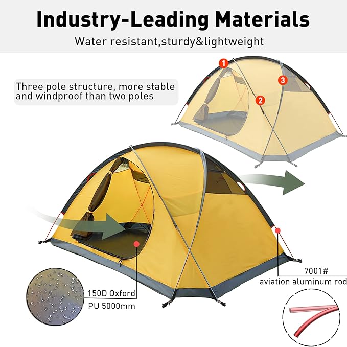2 Person Camping Tent with 3 Aluminum Alloy Poles, 4 or 3 Season Waterproof Tent, Double Layer,Easy Setup, 2 Doors for Outdoor Hiking,Mountaineering,Survival,Travel