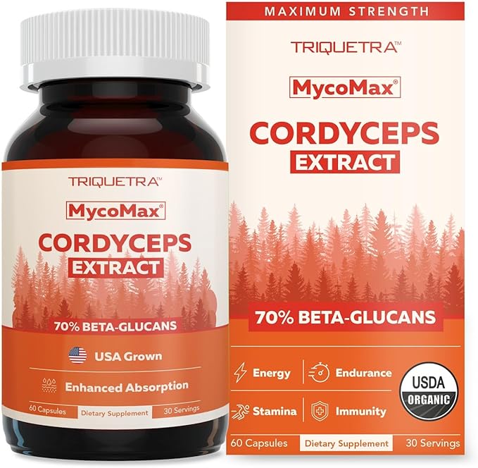 Organic Cordyceps Mushroom Extract - 70% Beta Glucans - Highest Active Nutrient Levels, Max Potency Cordyceps Capsules, US Grown + Ultrasonic Extraction - Performance, Immunity & Energy - 60 Capsules