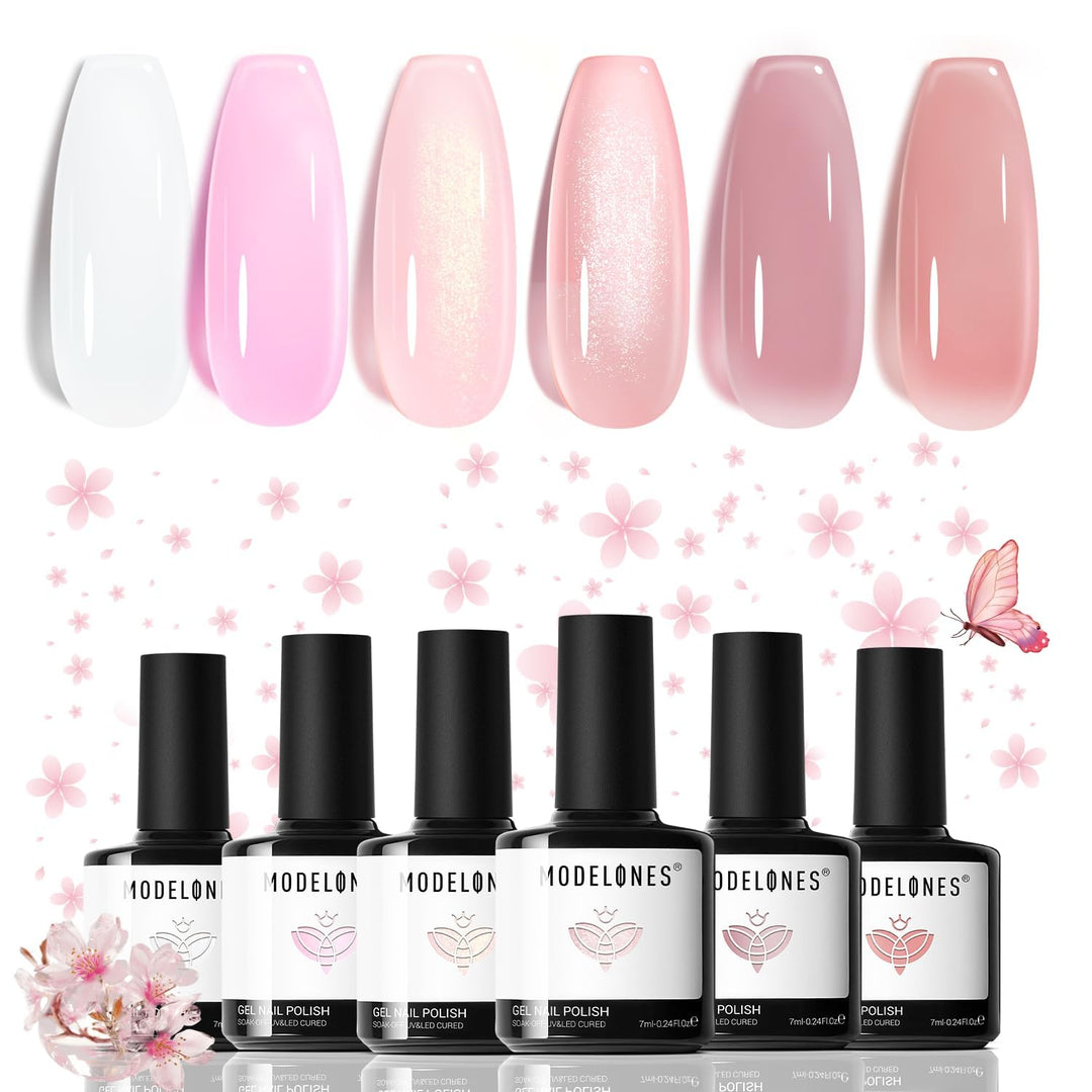 modelones Gel Nail Polish Set, 6 Colors Nude Pink Jelly Gel Polish Milky White Neutral Nail Gel Polish Shimmery Glitter Translucent Nail Art Gel Kit Soak off Manicure DIY Salon Gift for Ladies