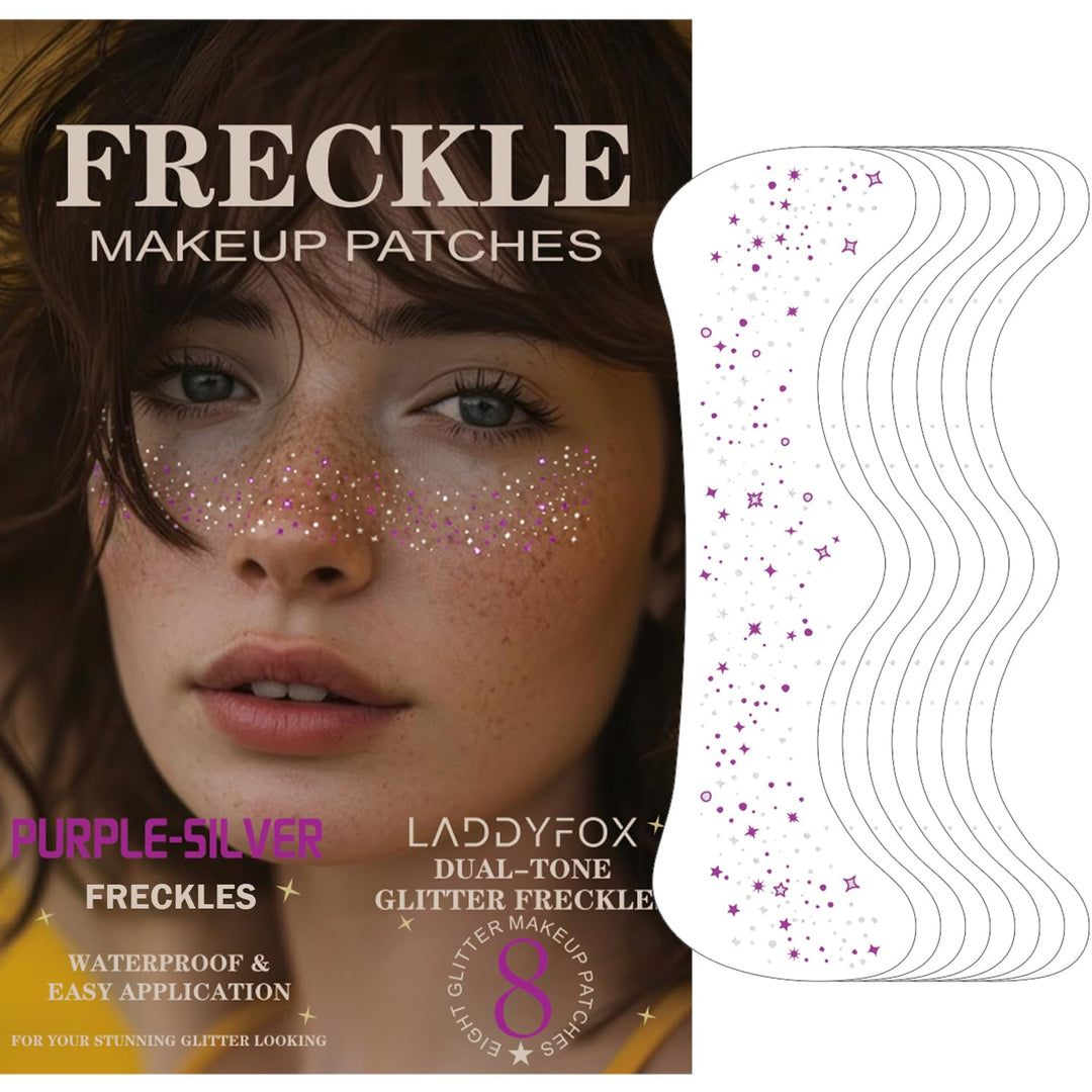 8 Pcs Dual-tone Face Makeup Patches, Gold-silver Glitter Freckles, Glitter Freckles Face Tattoo, Waterproof Face Sparkle Freckles, Long-Lasting 48h Freckles for Women (8Pcs Purple-silver)
