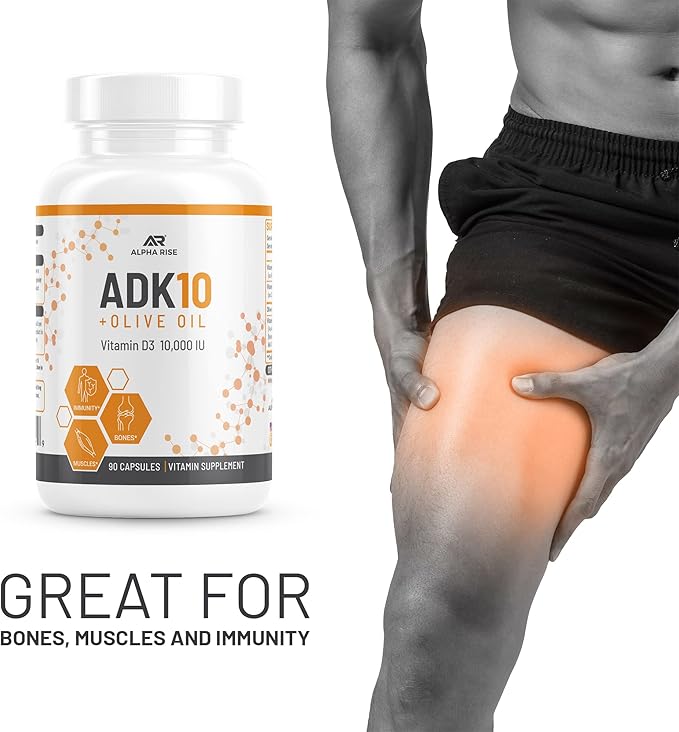 ADK 10 Vitamin Supplement + Olive Oil for Better Absorption - with Vitamins A + D3 (10,000 iu) + K2 (MK7+MK4) - 90 Capsules - Vegetarian - Non-GMO