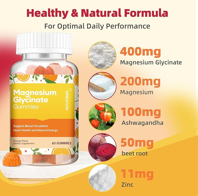 60 Count Magnesium Glycinate Gummies 400mg w/Ashwagandha Supplement - Sugar Free Zinc Magnesium Glycinate Supplement Ashwagandha Gummies for Adults