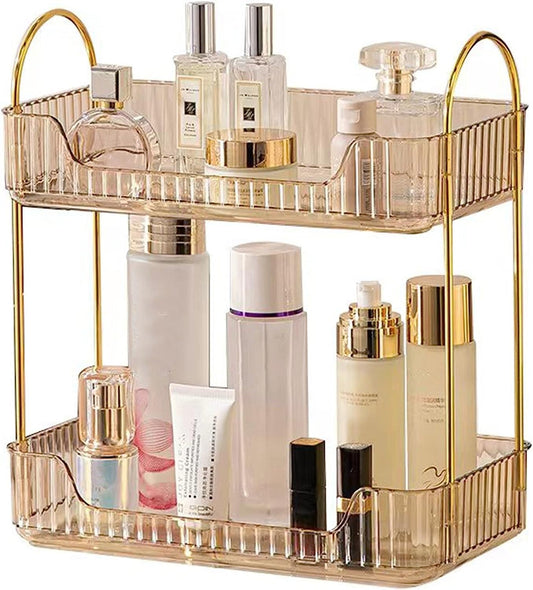 Bathroom Organiser Countertop, Vanity Trays for Bathroom, Skincare Makeup Organiser Shelf, Vanity Organiser, Bathroom Counter Shelf for Cosmetics, Toiletries, Lotions, Perfumes (2 Tiers, Amber)