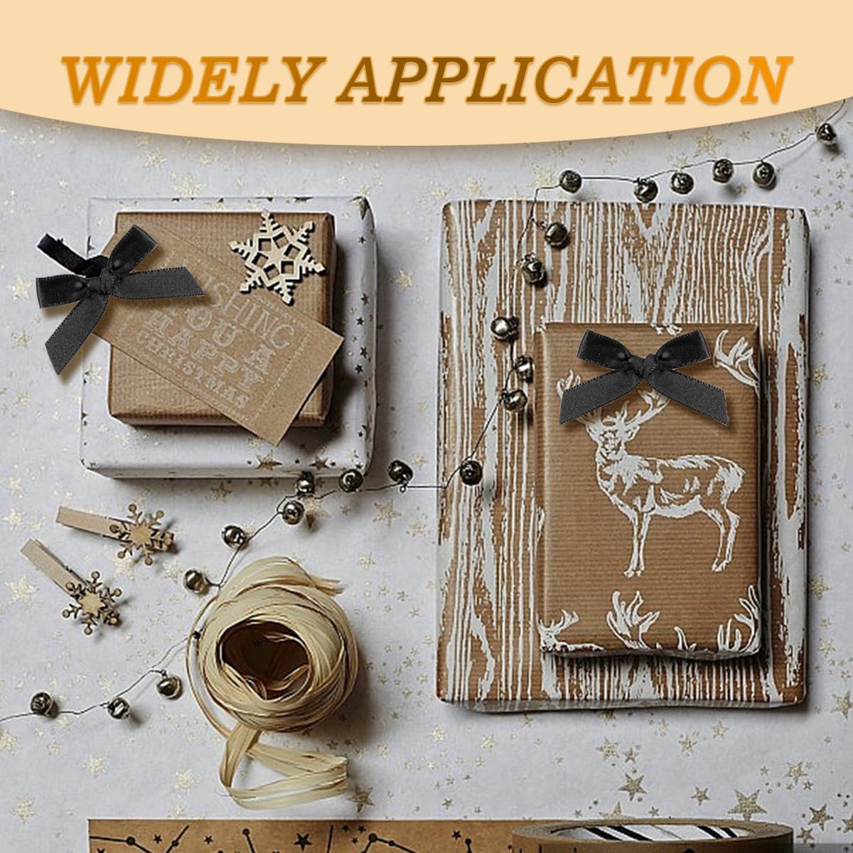 100 PCS Tiny Black Bows, Premade Satin Ribbon Bows Gift Wrapping Invitation Card Decoration Mini Polyester French Flower Bow DIY Crafts Small Cute Bows for Treat Bags Cake Pops Candy Wedding Favors