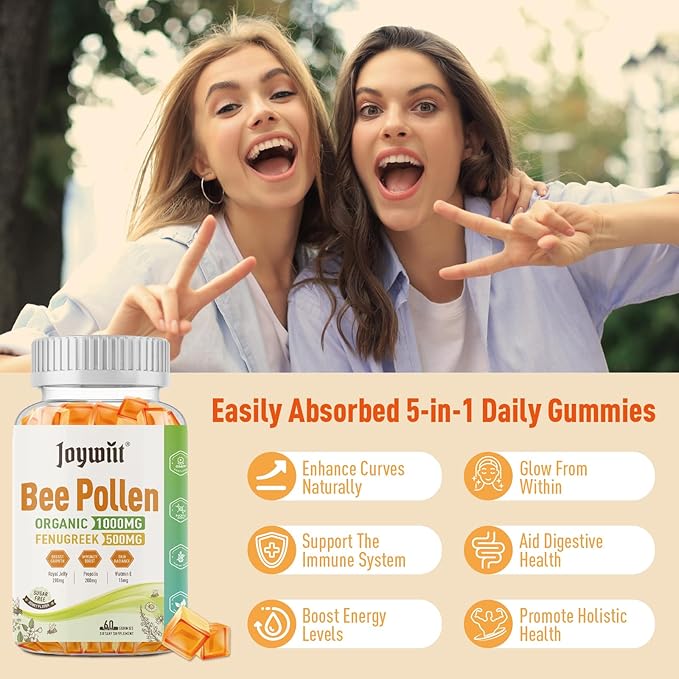 Bee Pollen 1000mg Sugar Free Gummies for Breast Growth, w/Fenugreek, Royal Jelly, Propolis, Organic Bee Pollen Supplement for Women, Rich in Vitamin E, Strengthen Immunity & Skin Care, 60 Counts