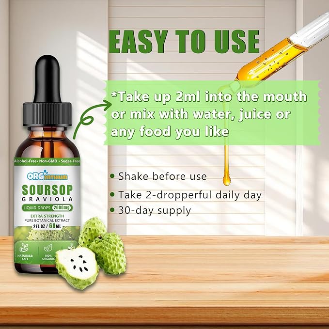 Soursop Graviola Liquid Drops - Soursop Leaf Fruit Sea Moss Extract for Cell Support & Regeneration, Immunity, Liver, Sleep & Antioxidant - Soursop Bitters Liquid, Herbal Goodness, 2 Fl Oz