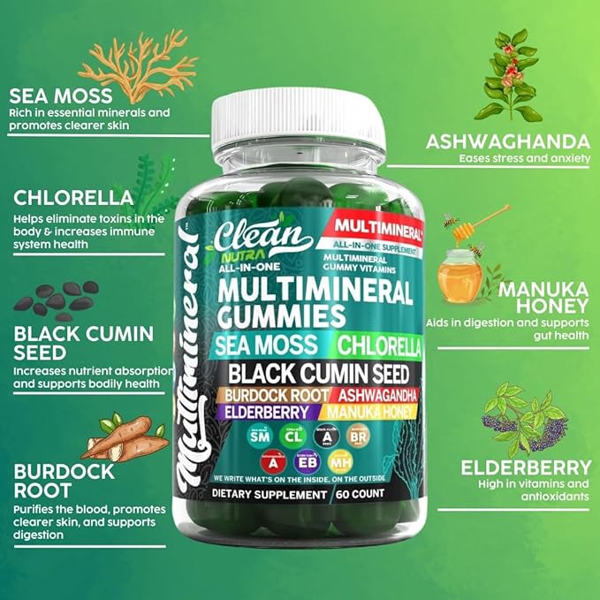 Clean Sea Moss Gummies | Black Seed Oil Ashwagandha, Elderberry, Burdock Root, Chlorella, Manuka Honey - Vegan Irish Sea Moss Gummy Vitamins For Adults Kids Men Women - Multimineral Green Apple Flavor