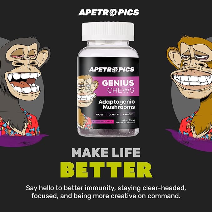 Apetropics Genius Chews - Brain Gummies with Lion’s Mane, Cordyceps, Reishi, and Turkey Tail Mushroom - Immune Support and Nootropic Brain Supplement - Very Berry Flavor - 30 Fruit Chews