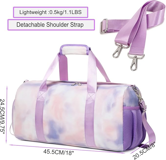 Sports Gym Bag for Girls Dance Bag for Girls Teen Travel Duffel Bags Waterproof Overnight Duffel Bag with Shoe Compartment Ballet Gym Bag Purple