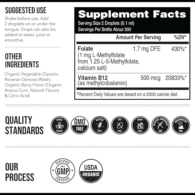 Organic Methyl Folate 1000 mcg + Methyl B12 Cofactor (300 Servings) – Metabolically Active 5-MTHF Form, Organic Berry Flavor, Liquid Sublingual Form – Mood, Cognition, Methylation, Pregnancy (1oz)