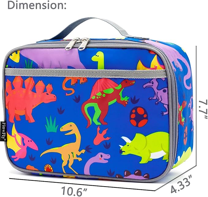 FlowFly Kids Lunch box Insulated Soft Bag Mini Cooler Back to School Thermal Meal Tote Kit for Girls, Boys, Dinosaur