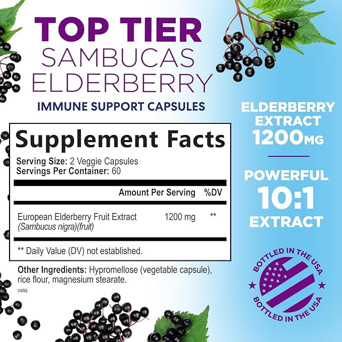 Elderberry Immune Support Extract Capsules - Daily Immune Support for Adults with Natural Sambucus Black Elderberry Antioxidant - No Sugar & Gluten Free Vitamin, Non-GMO Supplement - 120 Capsules