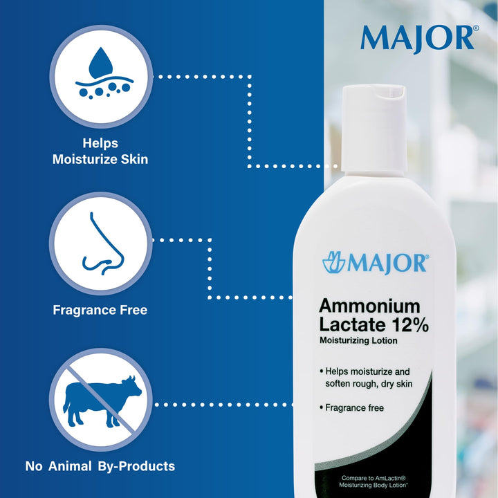 Major Ammonium Lactate 12% Moisturizing Lotion - Lactic Acid Lotion - Helps Hydrate, Soften, and Exfoliate Rough, Dry Skin - Daily Body Lotion - Fragrance-Free - 8 Oz (1 Pack)